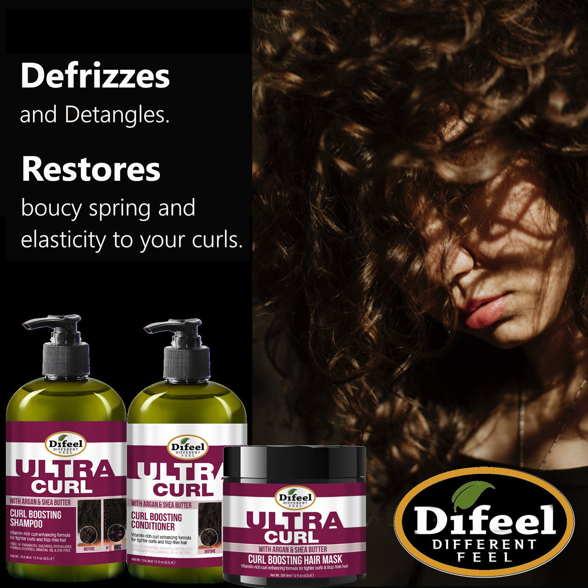 Difeel Ultra Curl 3-PC Curl Enhancing Hair Care Set : Ultra Curl Shampoo 12 oz, Conditioner 12 oz. and Hair Mask 12 oz. Set by difeel - find your natural beauty