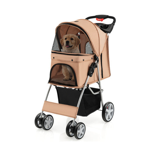 Folding Pet Stroller with Storage Basket and Adjustable Canopy-Beige