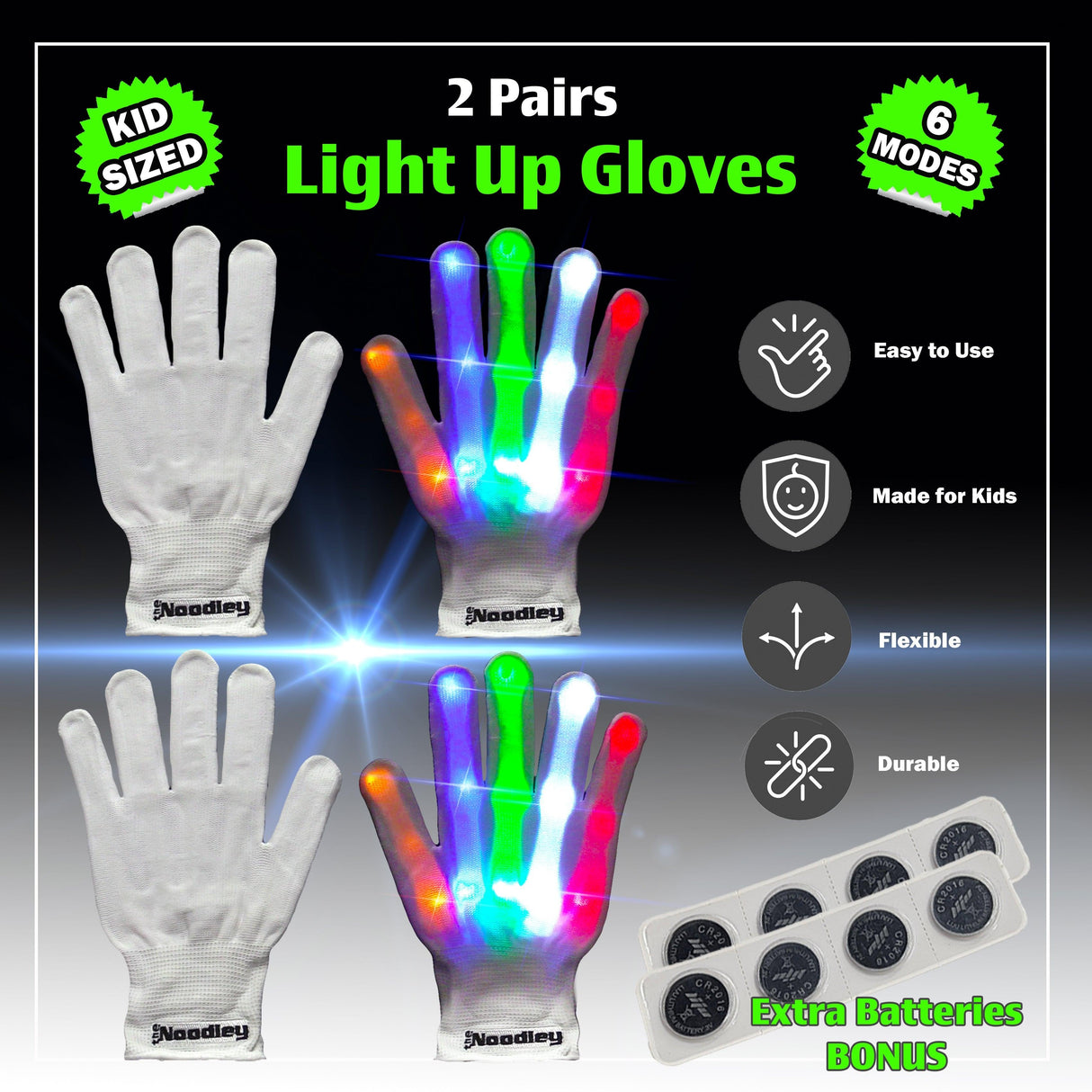 2 Pairs LED Gloves Light up Toys for Boys & Girls Cool Gifts for Kids & Teens - Extra Batteries by The Noodley - Vysn