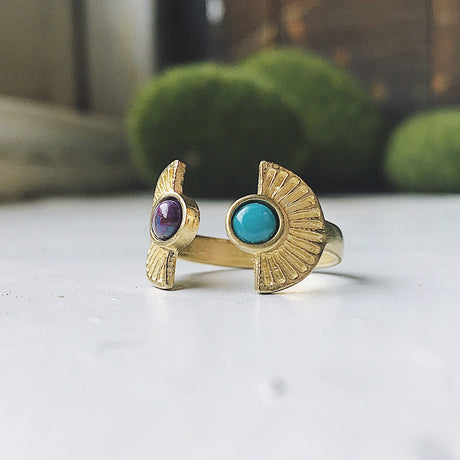 Dawn to Dusk - Two Stone Turquoise Boho Sunburst Ring by Yugen Handmade