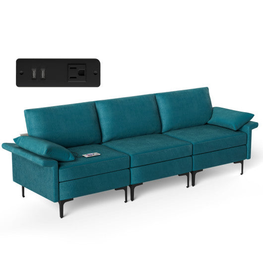 Large 3-Seat Sofa Sectional with Metal Legs and 2 USB Ports for 3-4 people-Turquoise