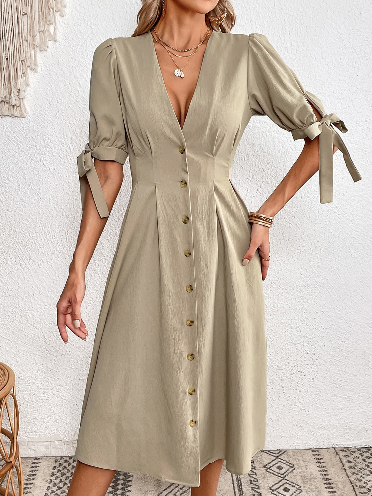 Tie Cuff Deep V Button Down Dress by Faz