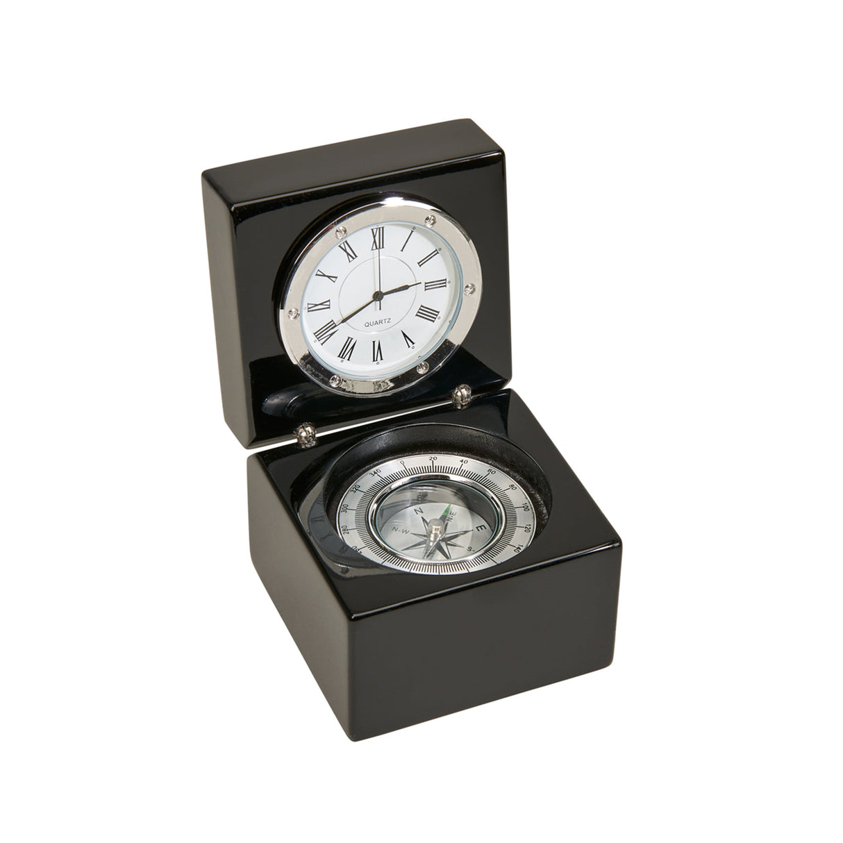 Black Square Wood Box with Clock & Compass by Creative Gifts