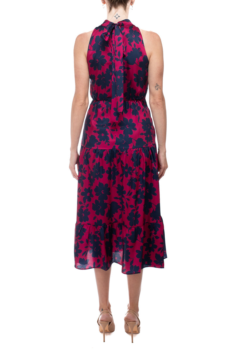 Sam Edelman Halter Neck Zipper Closure Floral Print Tie back Satin Dress by Curated Brands