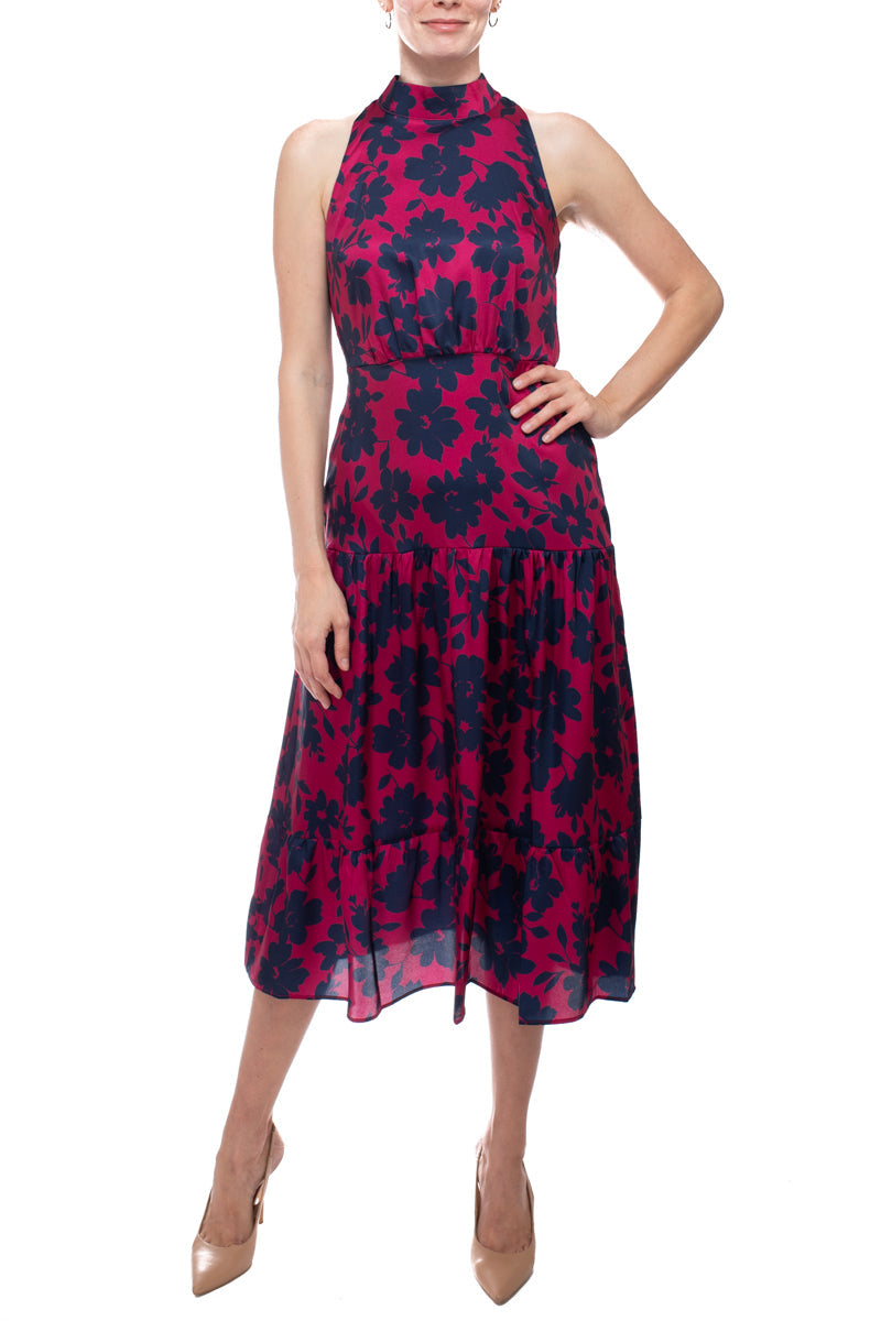 Sam Edelman Halter Neck Zipper Closure Floral Print Tie back Satin Dress by Curated Brands