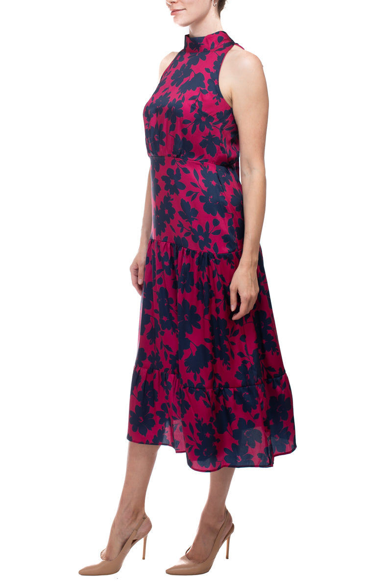 Sam Edelman Halter Neck Zipper Closure Floral Print Tie back Satin Dress by Curated Brands