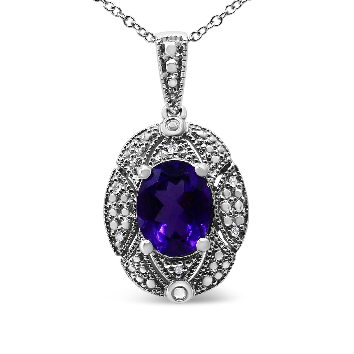 .925 Sterling Silver Diamond Accent and 9x7mm Purple Oval Amethyst Gemstone Pendant 18" Necklace (I-J Color, I1-I2 Clarity) by Haus of Brilliance