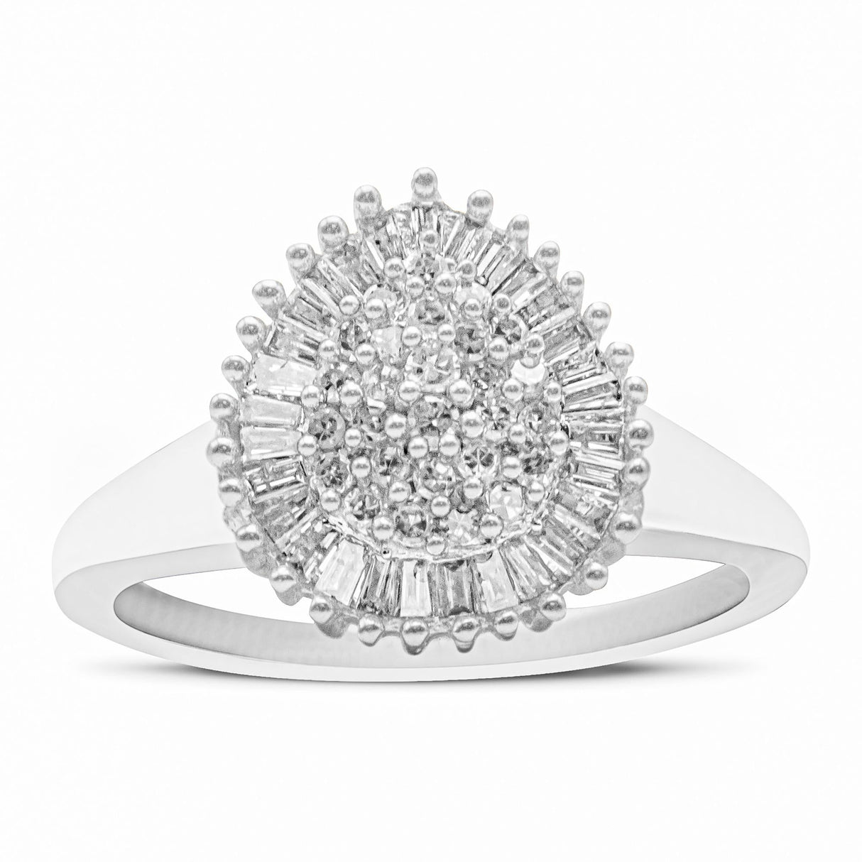 10K White Gold 1/2 Cttw Round & Baguette Cut Diamond Pear Shaped Domed Pavé Cluster with Halo Cocktail Ring (H-I Color, SI1-SI2 Clarity) by Haus of Brilliance