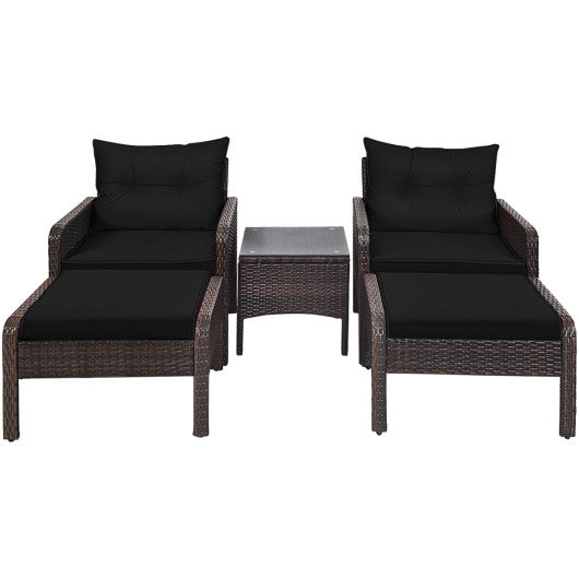 5 Pieces Patio Rattan Sofa Ottoman Furniture Set with Cushions-Black