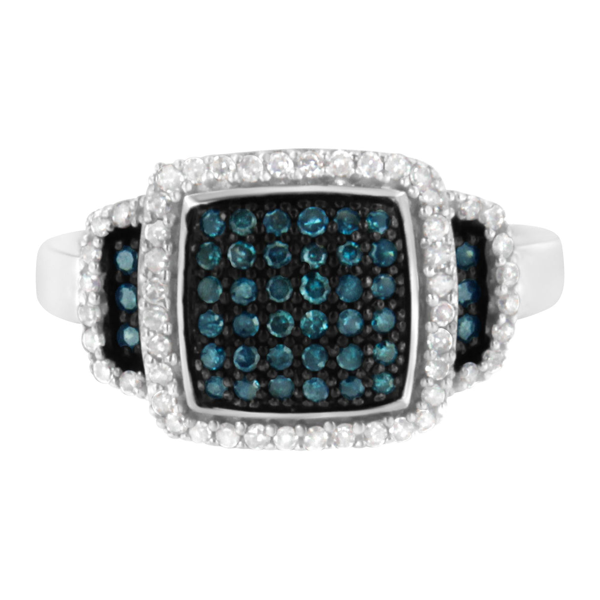 Black Rhodium Plated .925 Sterling Silver 1/2 Cttw White & Blue Diamond Square Halo Cocktail Ring (Fancy Blue & H-I Color, I2-I3 Clarity) by Haus of Brilliance