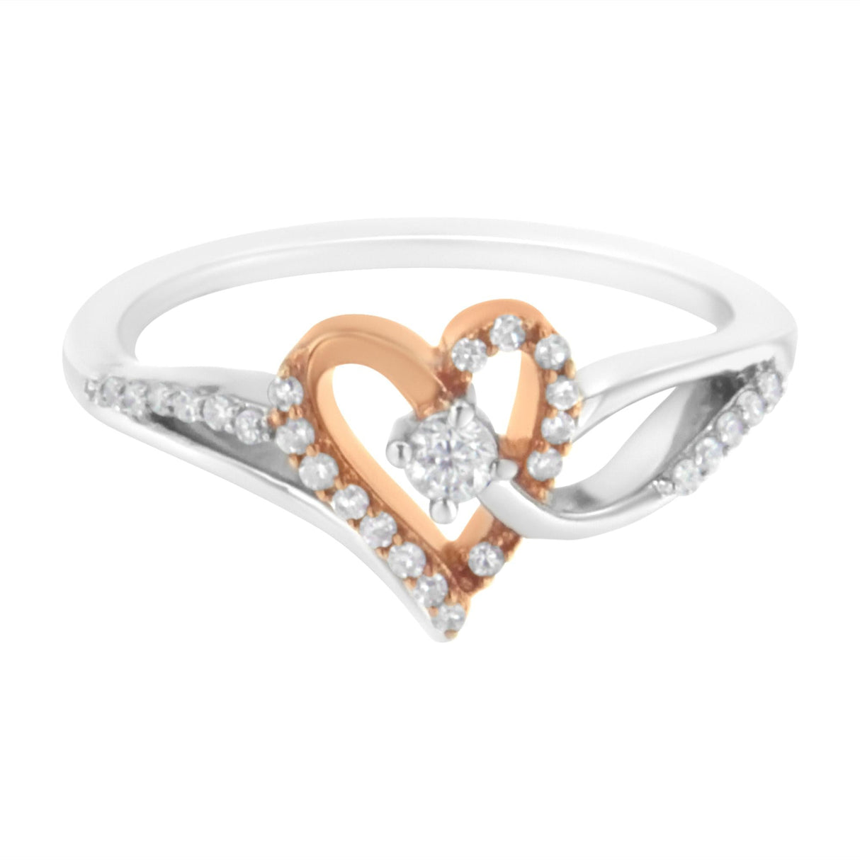 10K Rose Gold Plated .925 Sterling Silver 1/5 Cttw Diamond Two Tone Open Heart Promise or Fashion Ring (I-J Color, I2-I3 Clarity) by Haus of Brilliance