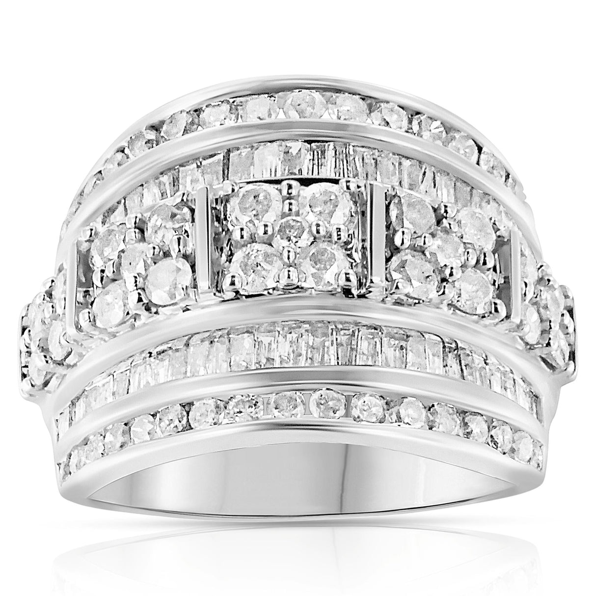 .925 Sterling Silver 2.0 Cttw Round & Baguette Cut Diamond Multi-Row Channel Set Tapered Cocktail Fashion Ring (I-J Color, I3 Clarity) by Haus of Brilliance