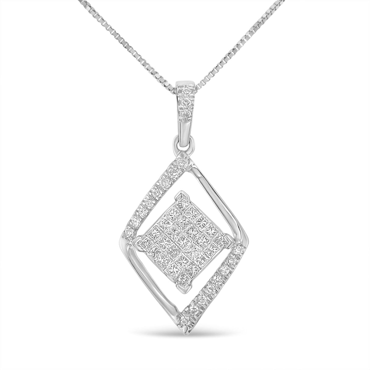 10k White Gold 1/3 Cttw Round and Princess-Cut Diamond Double Triangle 18" Pendant Necklace (H-I Color, SI1-SI2 Clarity) by Haus of Brilliance