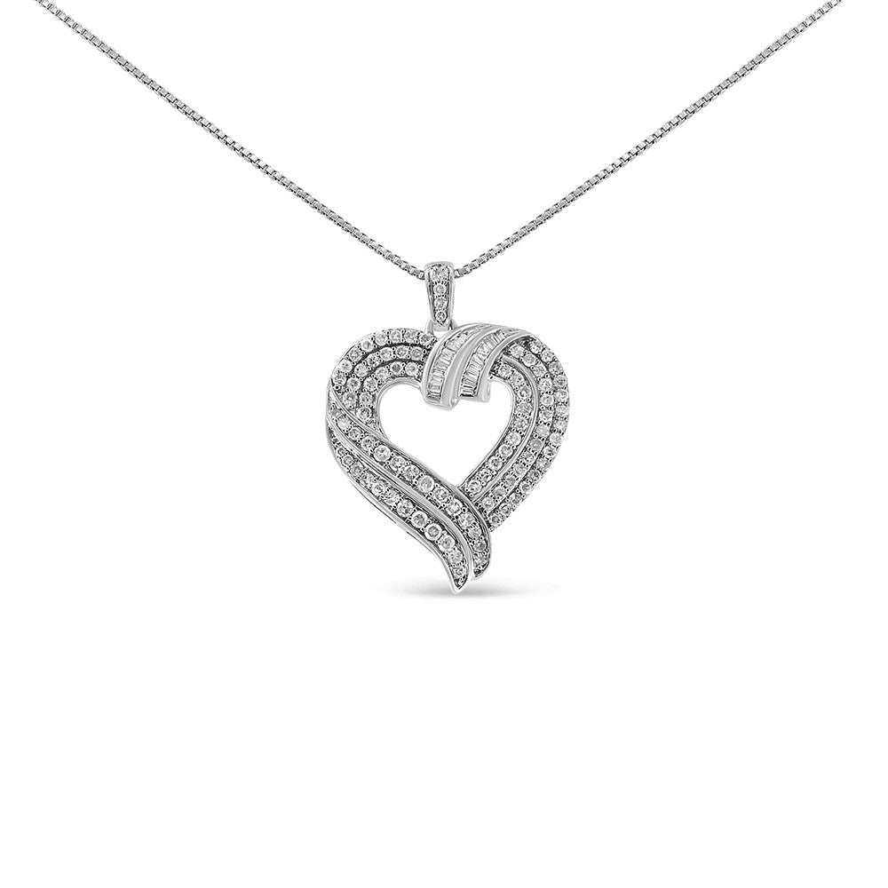 .925 Sterling Silver 1.00 Cttw Baguette Diamond Composite Open Heart 18" Inch Pendant Necklace (I-J Color, I1-I2 Clarity) by Haus of Brilliance