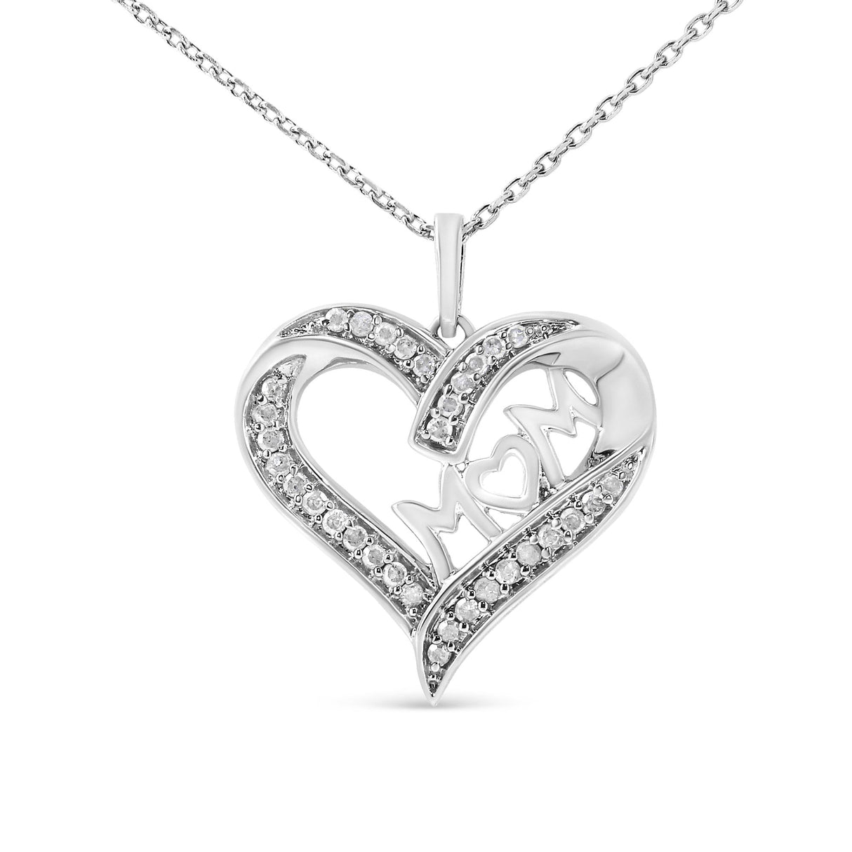 .925 Sterling Silver 1/4 cttw Diamond Engraved "Mom" in Heart Pendant Necklace (I-J Color, I3 Clarity) by Haus of Brilliance