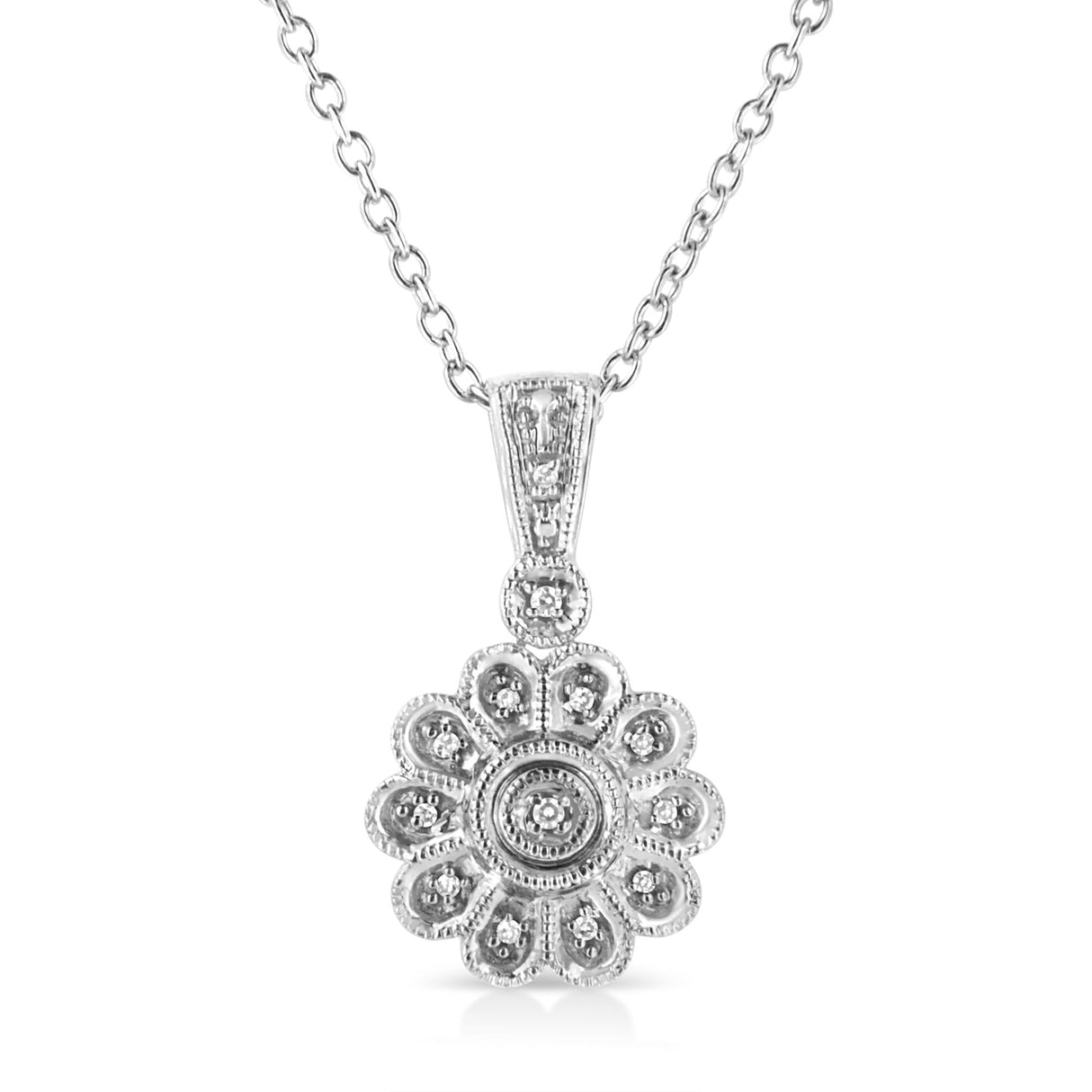 .925 Sterling Silver Diamond Accent Sunburst Milgrain 18" Pendant Necklace (I-J Color, I1-I2 Clarity) by Infinite Jewels