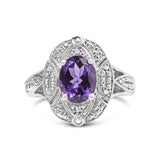 .925 Sterling Silver 9x7mm Oval Purple Amethyst and Round Diamond Accent Fashion Cocktail Ring (I-J Color, I1-I2 Clarity) by Haus of Brilliance