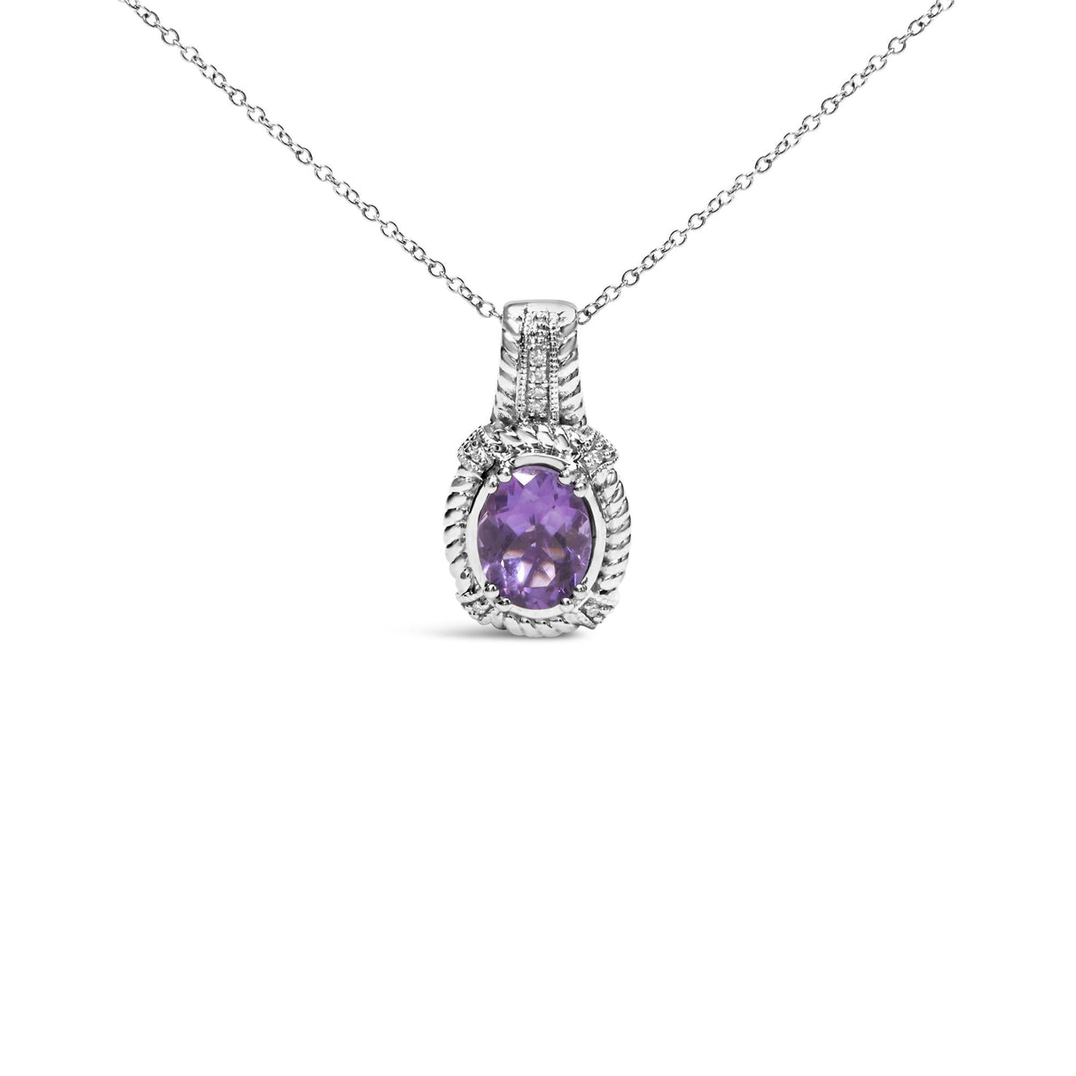 .925 Sterling Silver 9x7mm Oval Purple Amethyst and Round Diamond Accent Fashion Drop Pendant 18 Inch Necklace (I-J Color, I1-I2 Clarity) by Haus of Brilliance