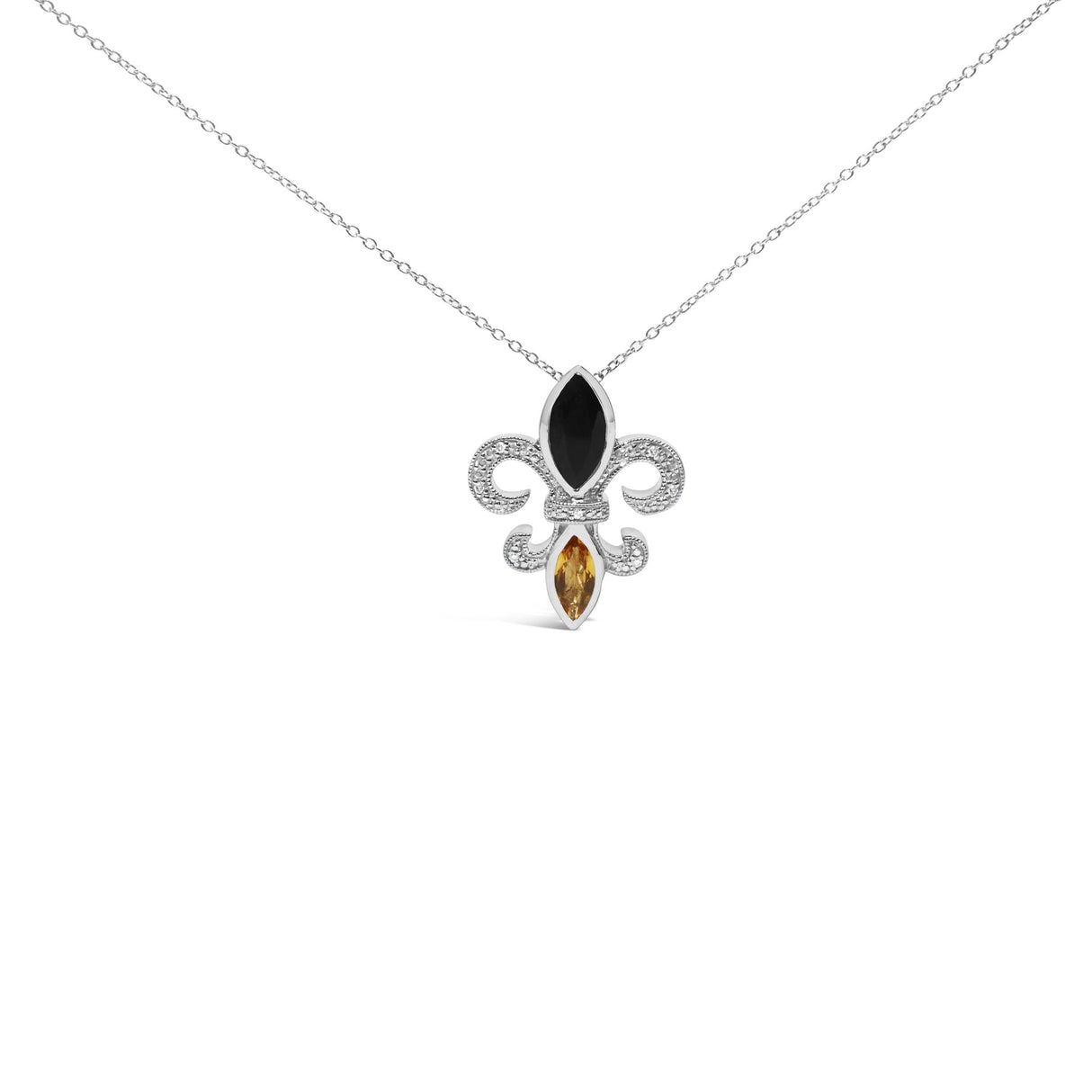 .925 Sterling Silver Marquise Onyx and Citrine and Diamond Accent Fleur De Lis Pendant Necklace (H-I Color, SI1-SI2 Clarity) - 18" by Haus of Brilliance