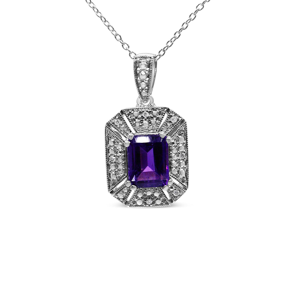 .925 Sterling Silver Purple Amethyst and Diamond Accent Art Deco Style 18" Pendant Necklace (I-J Color, I1-I2 Clarity) by Haus of Brilliance