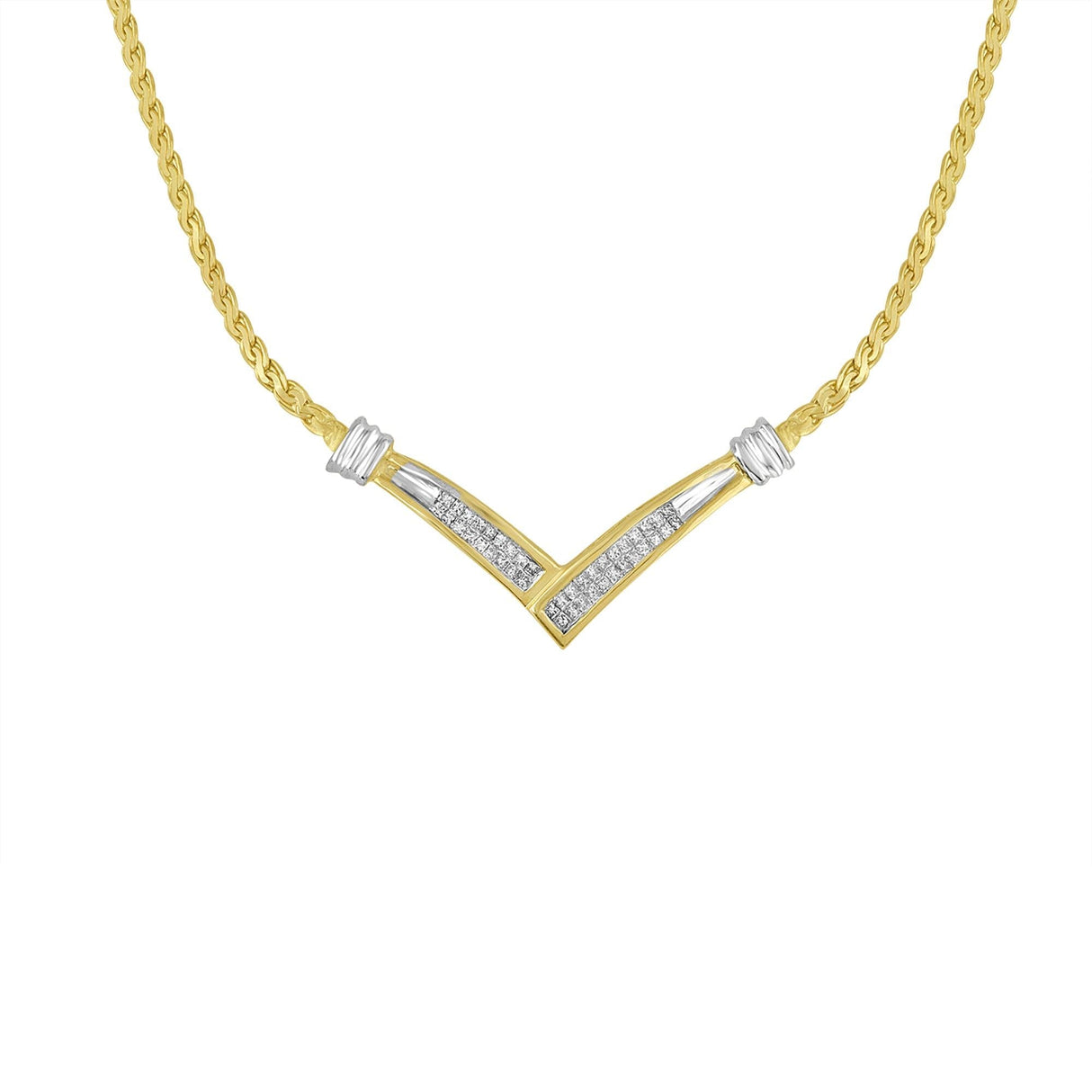 10K Yellow and White Gold 1/2 Cttw Princess Cut Diamond Channel-Set “V” Shape 18" Franco Chain Necklace (H-I Color, SI2-I1 Clarity) by Haus of Brilliance