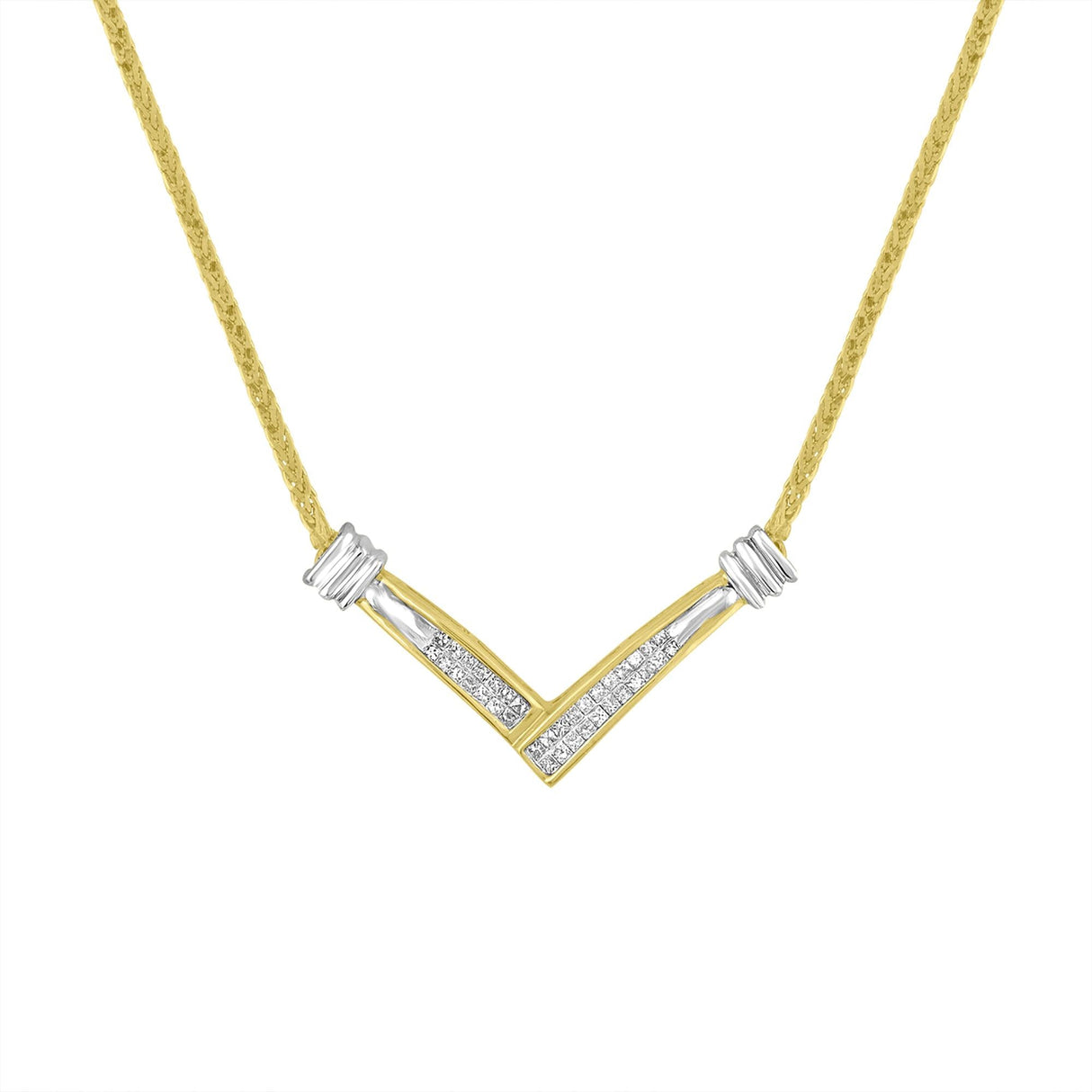 14K Yellow and White Gold 1/4 Cttw Princess Cut Diamond Channel-Set “V” Shape 18" Pendant Necklace (H-I Color, SI2-I1 Clarity) by Haus of Brilliance