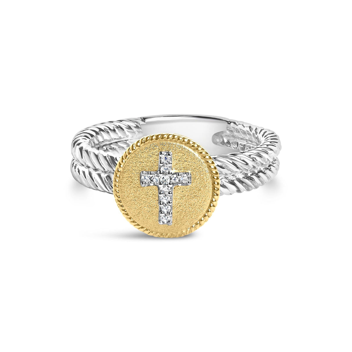 18K Yellow Gold Plated .925 Sterling Silver Diamond Cross Ring with Satin Finish (I-J Color, SI1-SI2 Clarity) by Haus of Brilliance