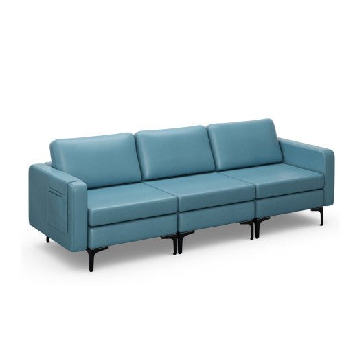 3-Seat Sectional Sofa Couch with Armrest Magazine Pocket and Metal Leg-Blue