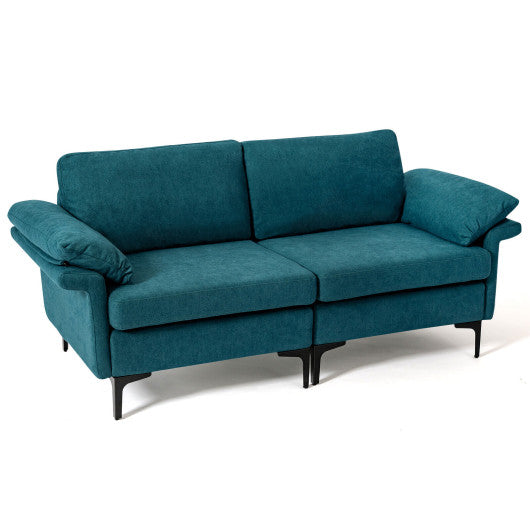 Modern Fabric Loveseat Sofa for with Metal Legs and Armrest Pillows-Peacock Blue