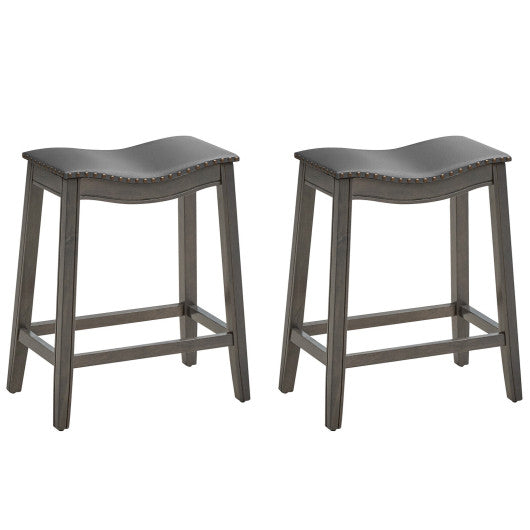 Set of 2 PU Leather Saddle Bar Stools with Rubber Wood Legs