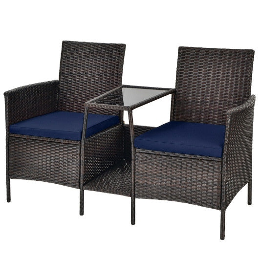 Patio Rattan Wicker Conversation Set Sofa Cushioned Loveseat Glass Table-Navy