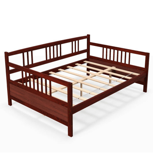 Classic Wooden Full Size Daybed Frame with Guardrails-Brown