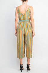 Emma & Michele Banded Strap V-Neck Side Button Zipper Back Tie Waist Stripe Print Crepe Jumpsuit by Curated Brands