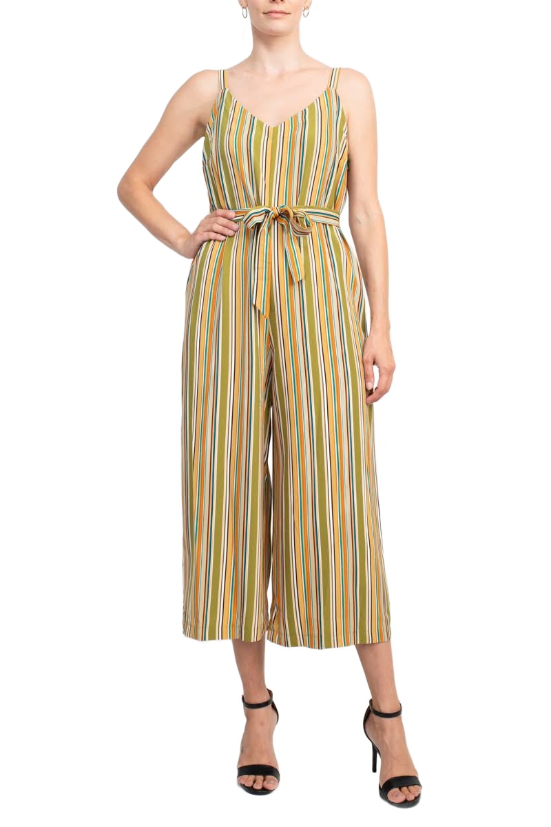 Emma & Michele Banded Strap V-Neck Side Button Zipper Back Tie Waist Stripe Print Crepe Jumpsuit by Curated Brands