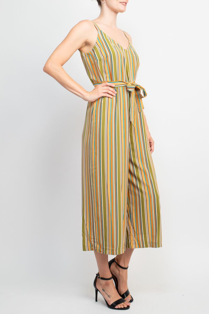 Emma & Michele Banded Strap V-Neck Side Button Zipper Back Tie Waist Stripe Print Crepe Jumpsuit by Curated Brands