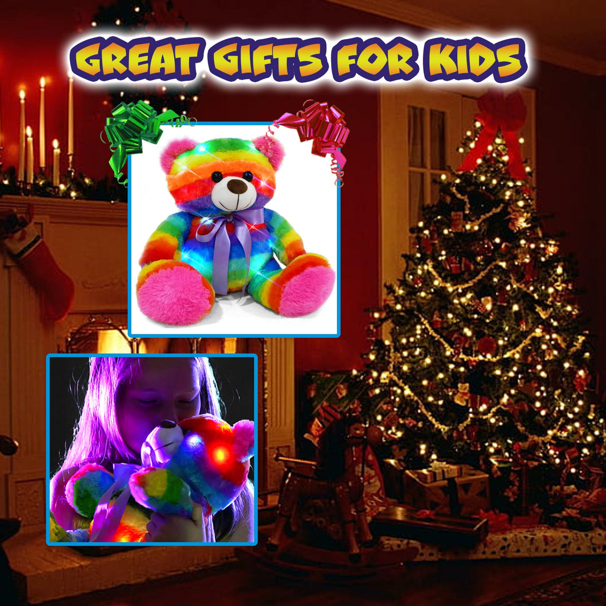 Rainbow Lites Light Up Teddy Bear Stuffed Animal Plush LED Night Light Gift Box (16 inch, Batteries Included) by The Noodley