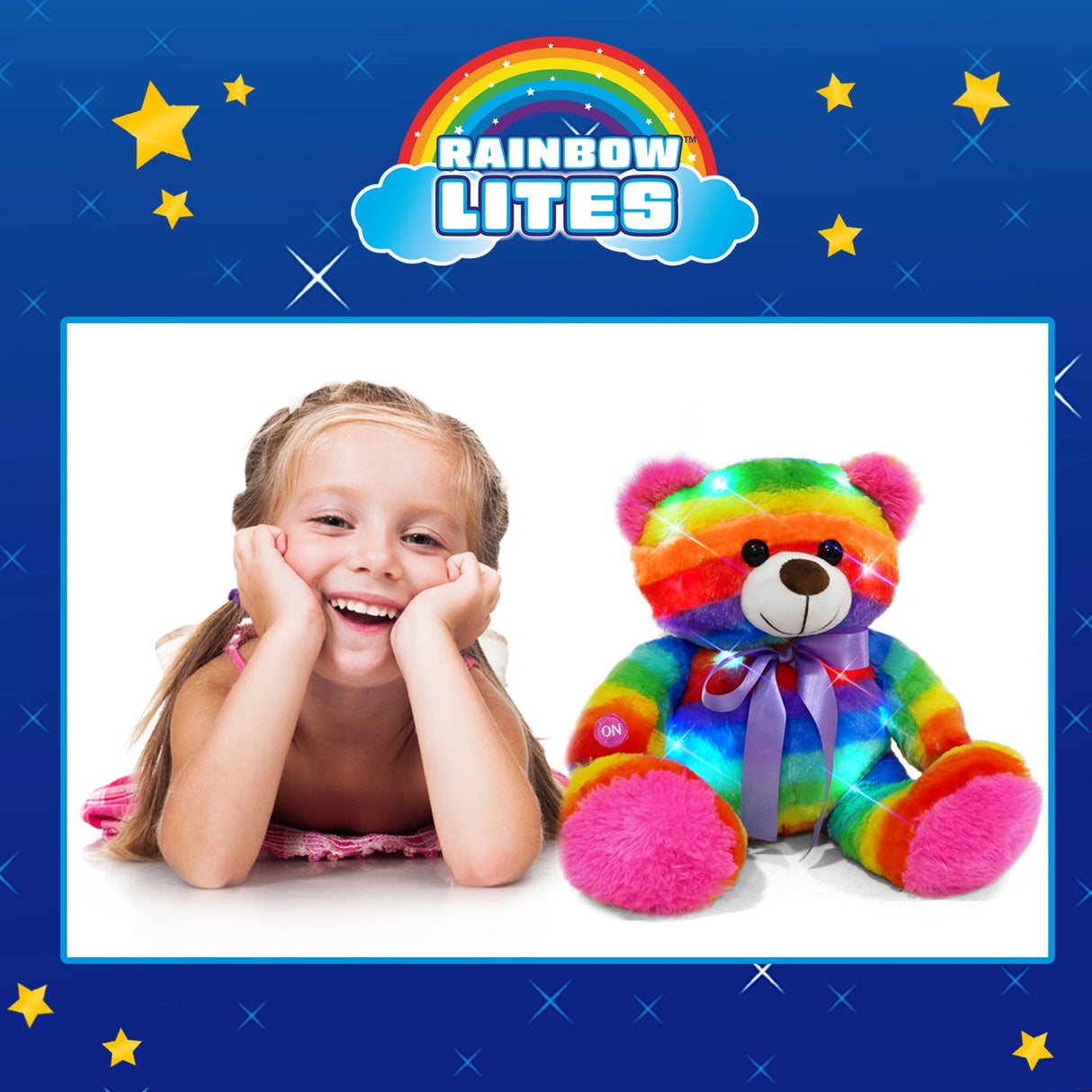 Rainbow Lites Teddy Bear Glow Plush LED Night Light Up Stuffed Animal (16 inch, Batteries Included) by The Noodley