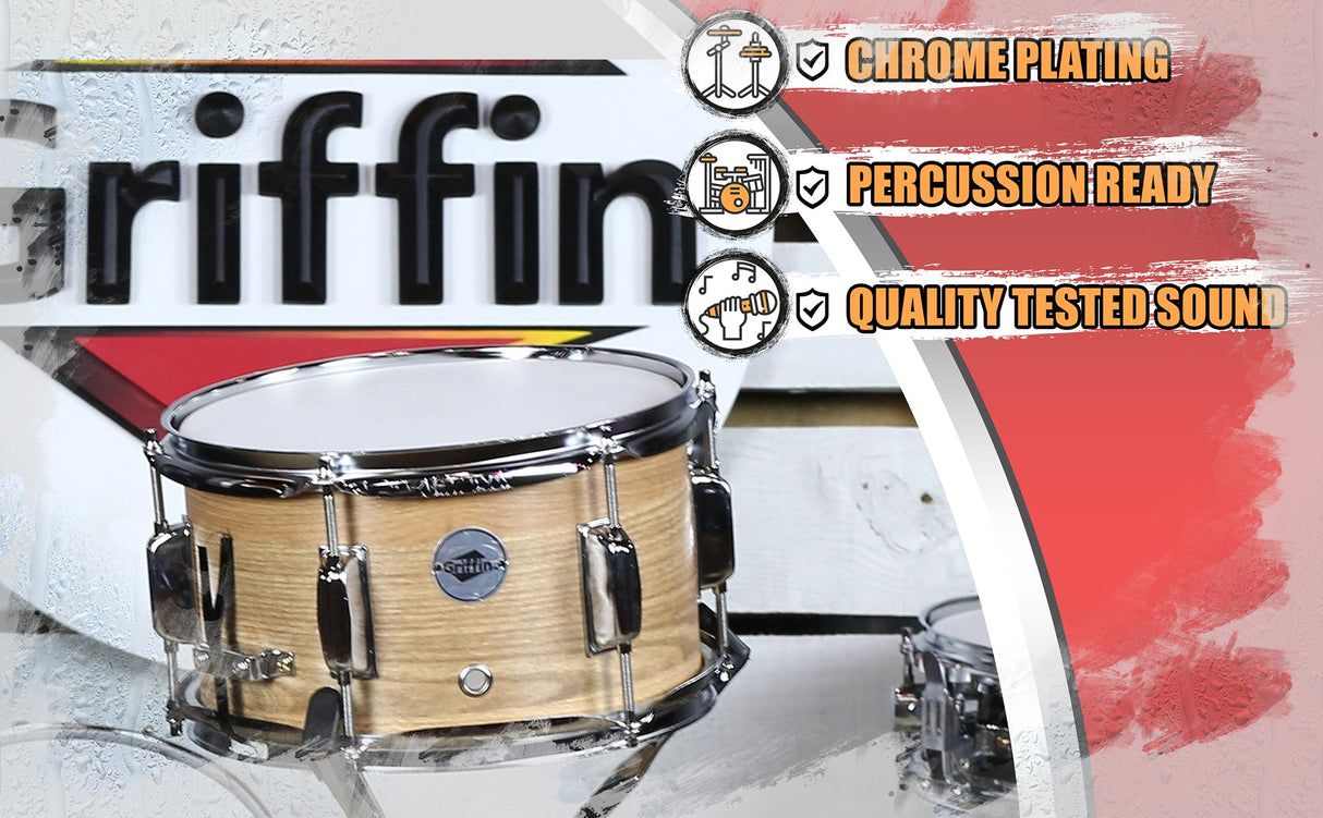 Popcorn Soprano Snare Drum by GRIFFIN - Acoustic Firecracker 10"x6" Poplar Wood Shell with Oakwood PVC - Mini Concert Marching Percussion Instrument by GeekStands.com