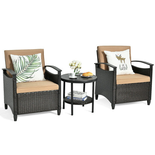 3 Pieces Patio Rattan Furniture Set Cushioned Sofa Storage Table with Shelf Garden