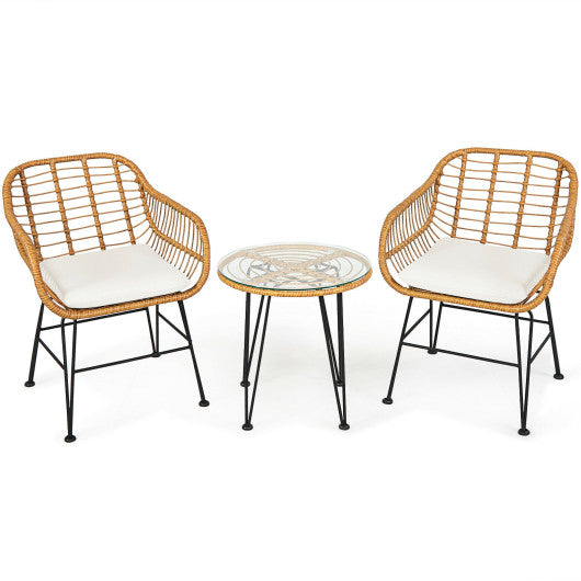 3 Pieces Rattan Furniture Set with Cushioned Chair Table-White