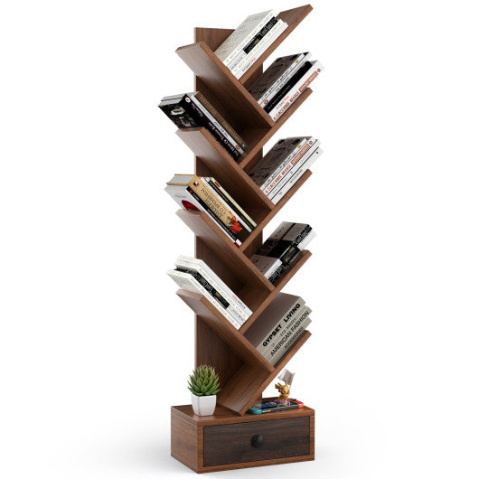 10-Tier Tree Bookshelf with Drawer and Anti-Tipping Kit-Brown