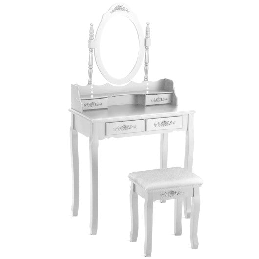 Wood Vanity Table Set with Oval Mirror and 4 Drawers for Kids Girls Women-White