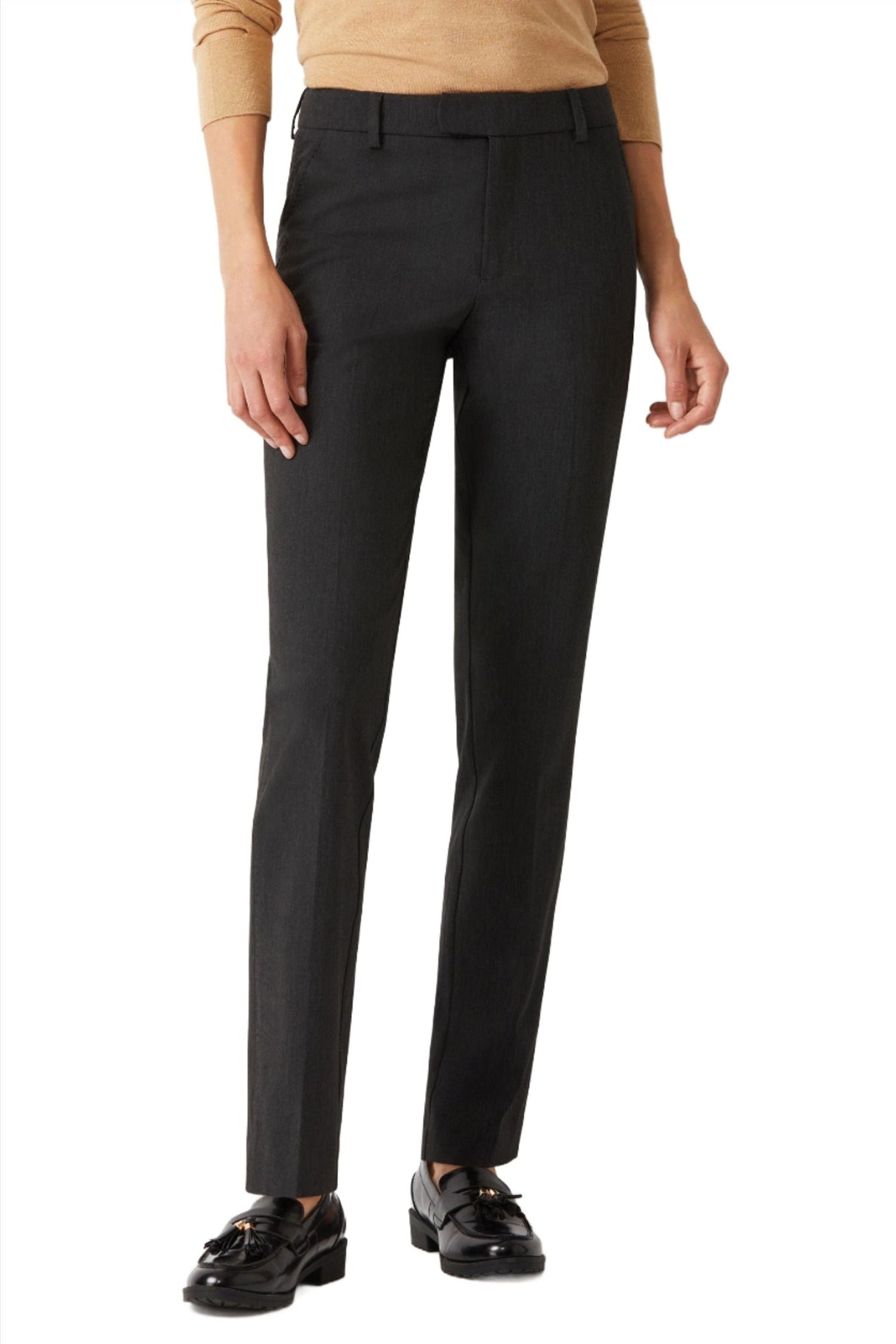 Ecru Designs Mid Waist Hook Button Zip Closure Belt Hoop Straight Solid Crepe Pant by Curated Brands