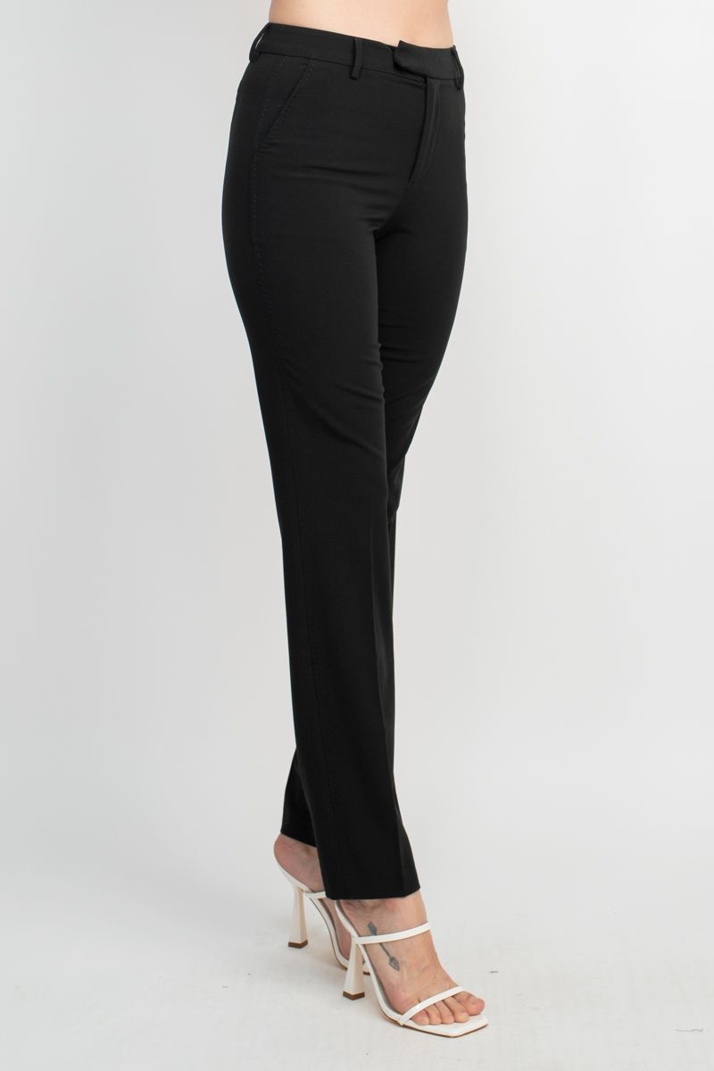 Ecru Designs Mid Waist Hook Button Zip Closure Belt Hoop Straight Solid Crepe Pant by Curated Brands