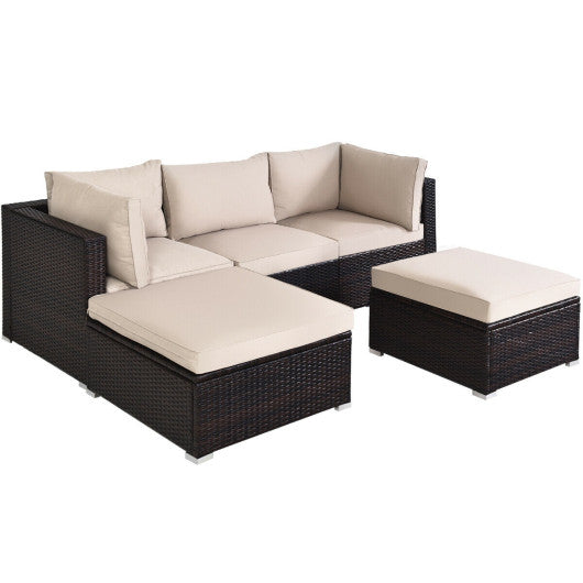 5 Pieces Patio Rattan Sofa Set with Cushion and Ottoman-Beige