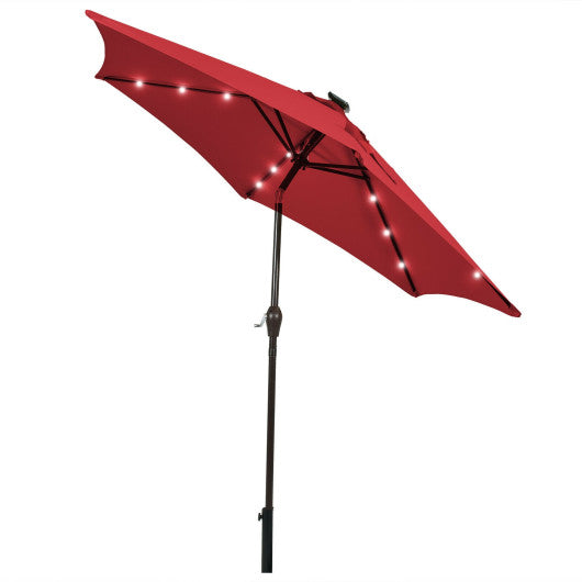 9 Feet Solar LED Lighted Patio Market Umbrella Tilt Adjustment Crank Lift-Dark Red