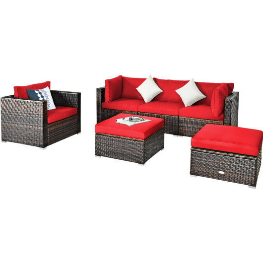 6 Pcs Patio Rattan Furniture Set with Sectional Cushion-Red