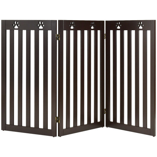 36 Inch Folding Wooden Freestanding Pet Gate Dog Gate with 360° Flexible Hinge-Dark Brown