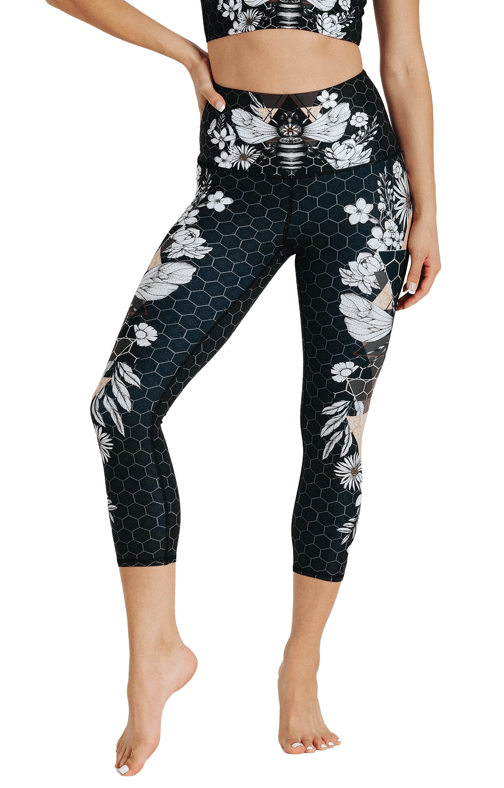 Beeloved Blackout Printed Yoga Crops by Yoga Democracy