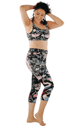 Pretty In Black Printed Yoga Crops by Yoga Democracy